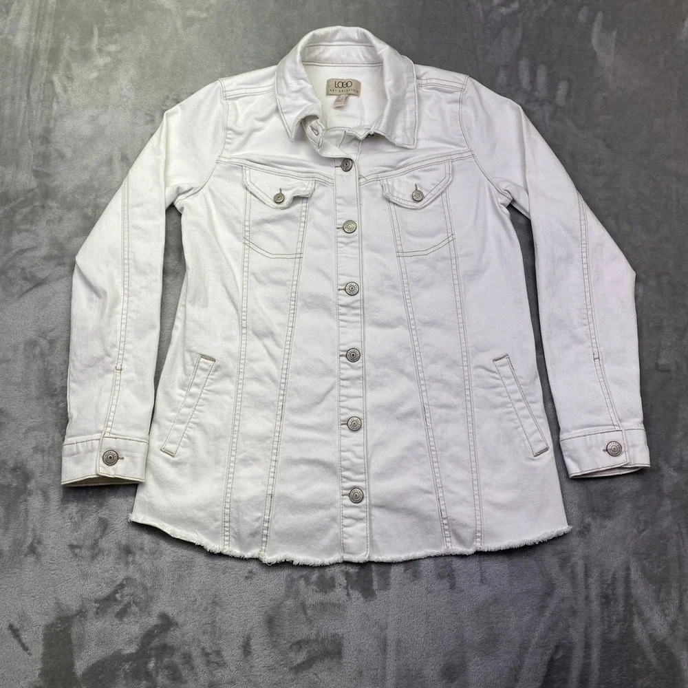 LOGO Lori Goldstein Denim Jacket Womens 2 White Button Front Frayed Hem‎ Grunge